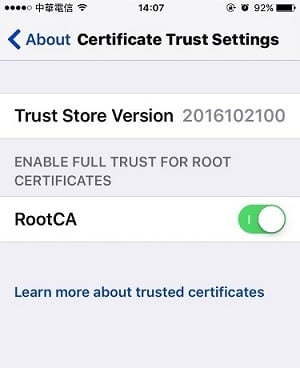 a screenshot of iOS Certificate Trust Settings